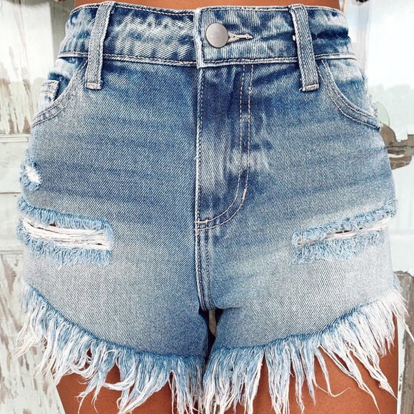 Dark Frayed Tassel Ripped High Waist Denim Shorts - Picture 1 of 4
